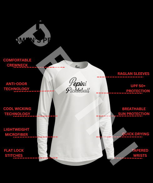 White women's performance long sleeve shirt with features highlighted on a white background, branded 'Pepini'.